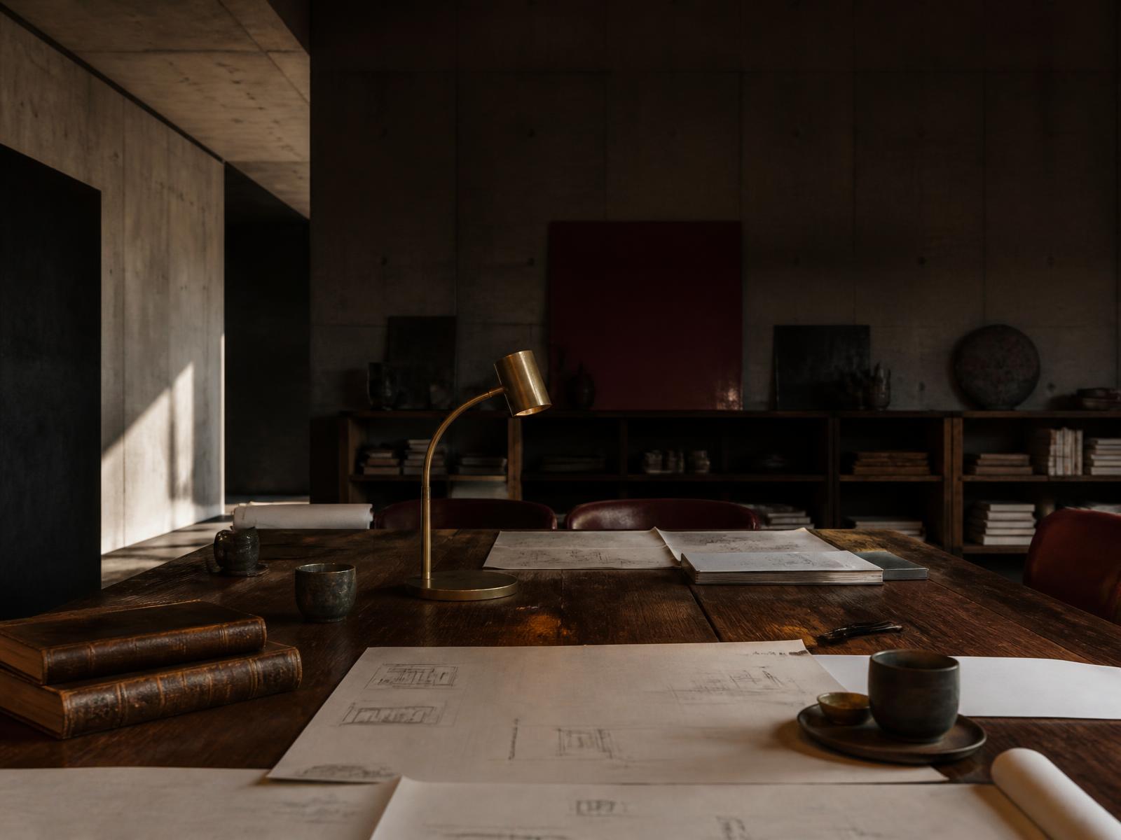 TGB creative studio workspace with warm light and materials