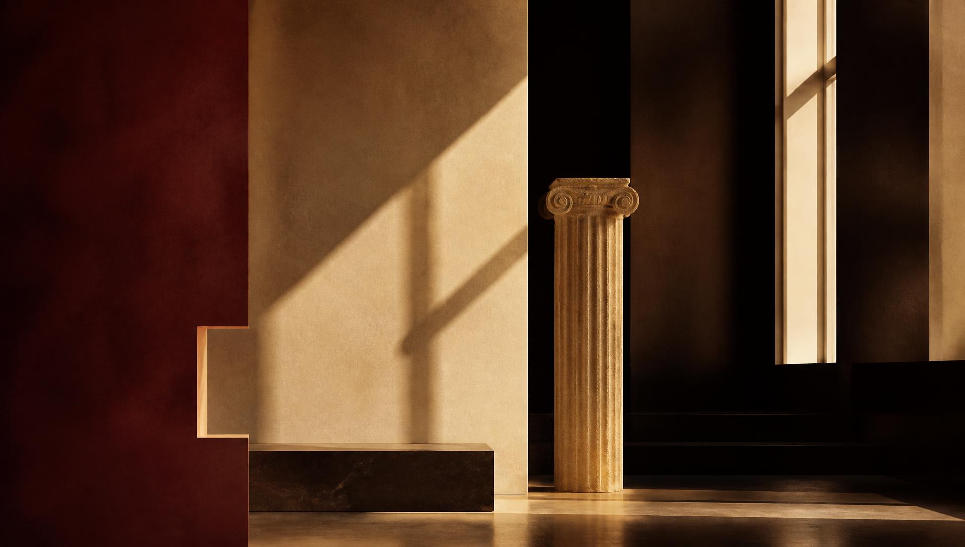 Abstract architectural interior with classical column and warm light